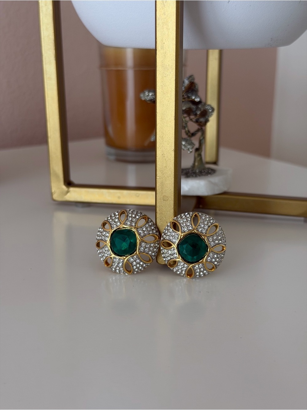 Vintage Swarovski Emerald Green Openwork Dome Clip-On Earrings